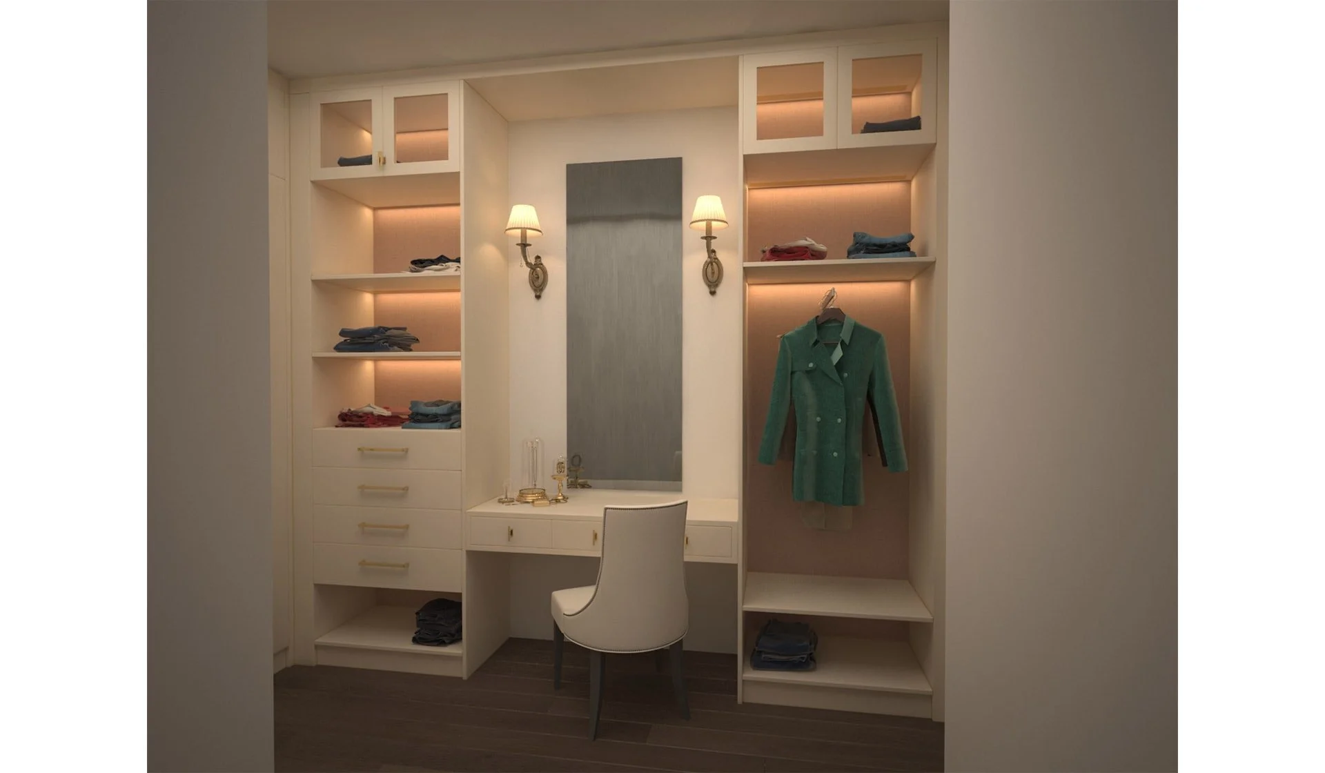 Walk-in closet with clothing shelves, drawers, a mirror, and a green coat hanging, illuminated with soft lighting and two wall-mounted lamps.