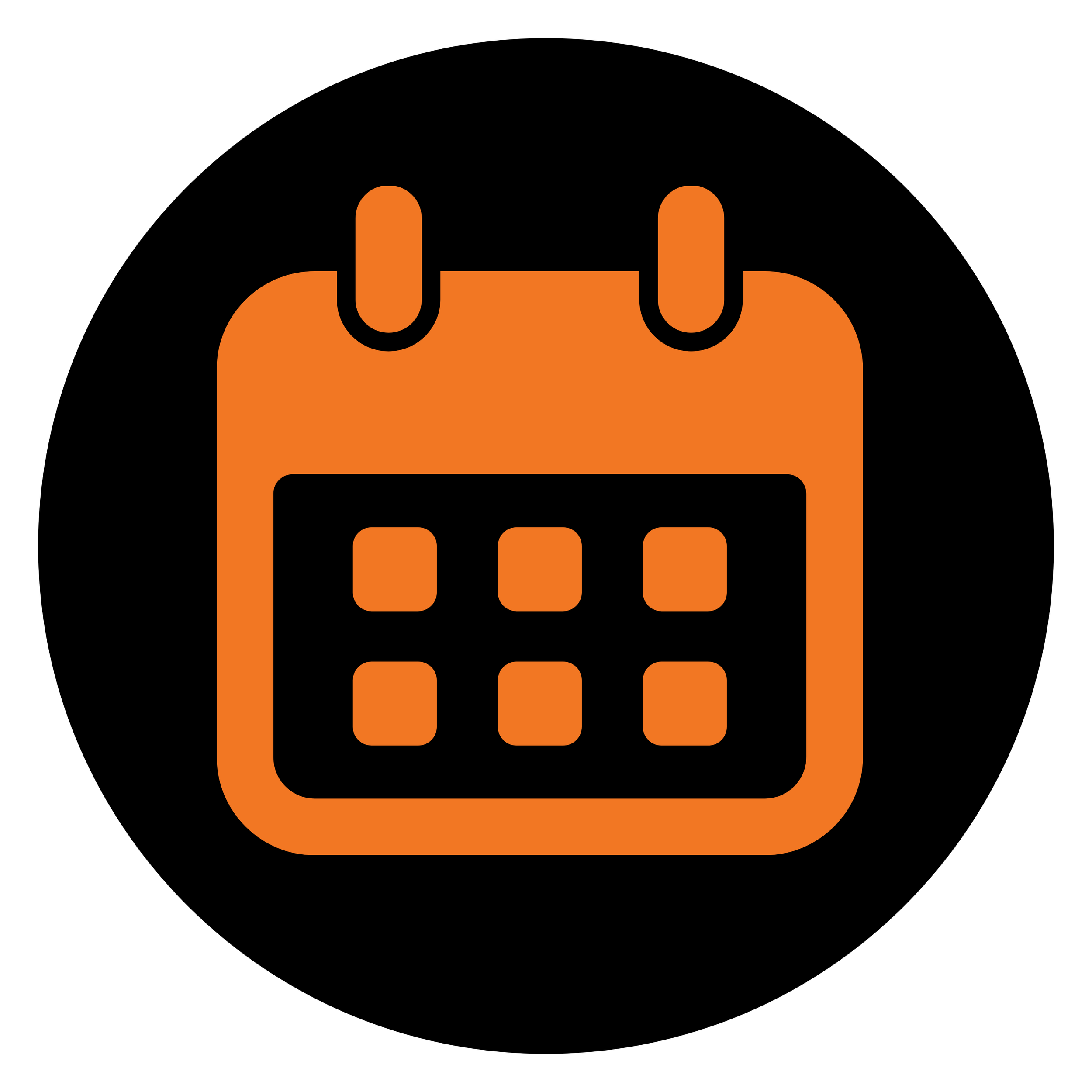 Icon of an orange calendar with two binding rings at the top and a grid of six squares representing days.
