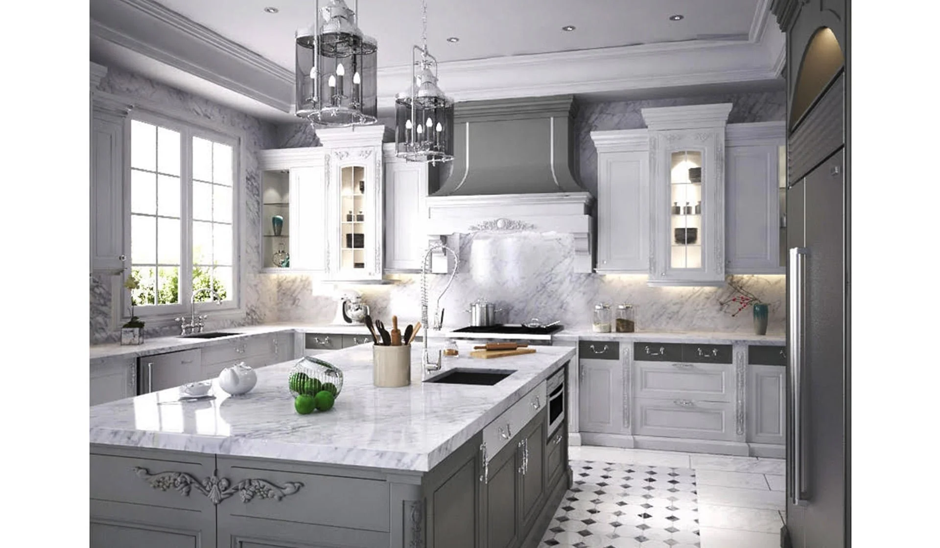 A luxurious white kitchen with marble countertops, glass-front cabinets, and modern pendant lighting. There are various kitchen utensils and decorative items on the counters, and large windows letting in natural light.