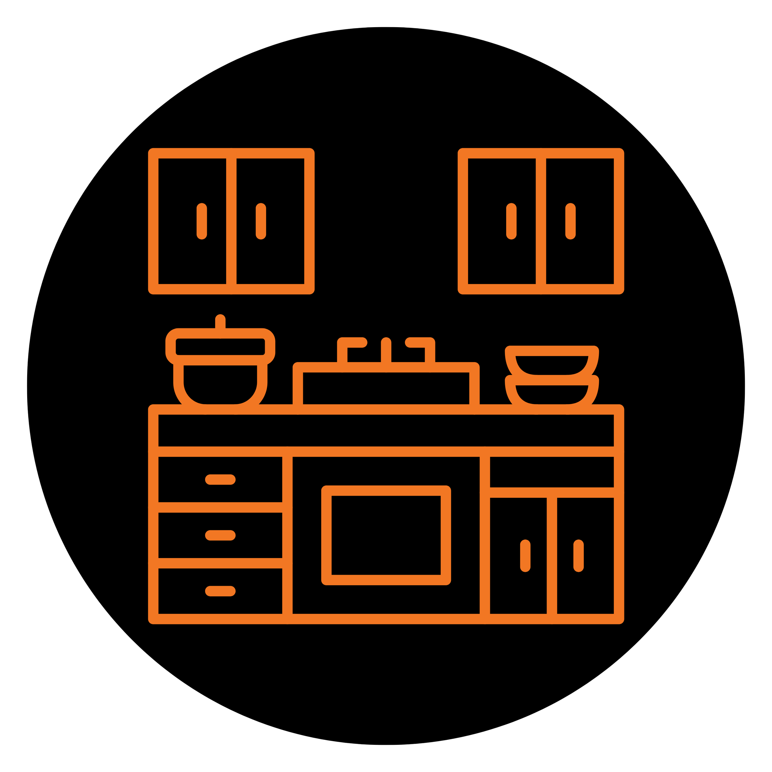 Neon outline of a kitchen with cabinets, a stovetop, and a microwave on a black background.