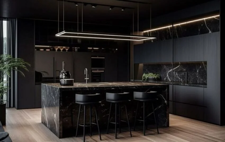 Modern kitchen with black marble island, sleek black cabinets, and minimalist lighting, featuring three black bar stools.