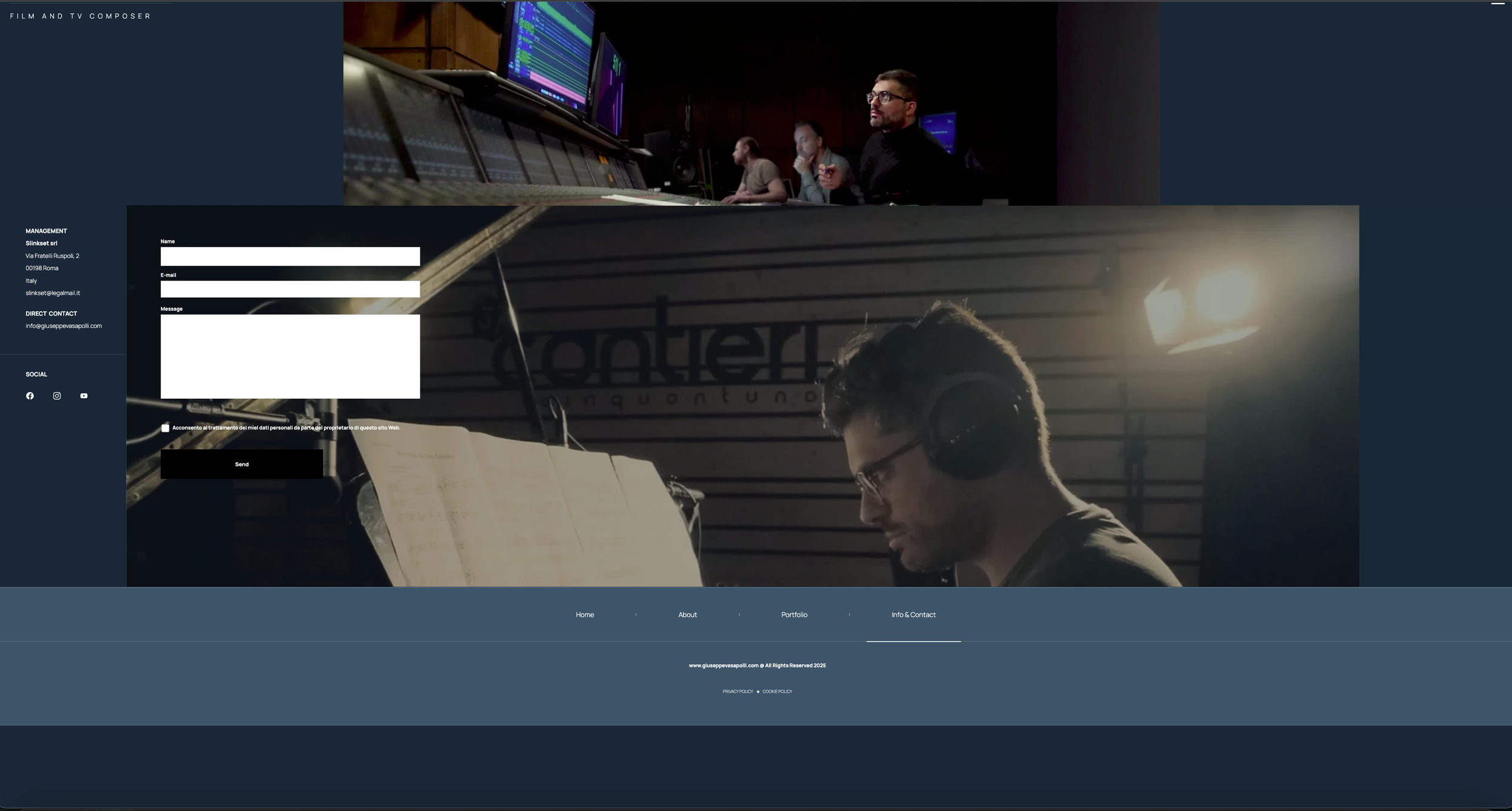 Screenshot di una pagina web con immagini di persone che lavorano in uno studio di registrazione musicale, uno con cuffie e spartiti, l'altro in uno studio di produzione con più monitor e un uomo che lavora al mixer.