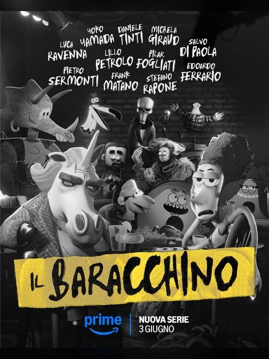 Locandina della serie TV "Il Baracchino" di Amazon Prime, in uscita il 3 giugno, con un collage di personaggi animati e caricature stilizzate in bianco e nero.