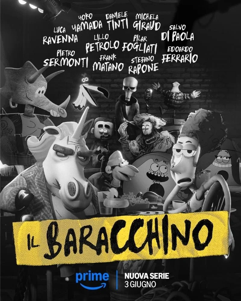 Locandina della serie TV 'Il Baracchino' con personaggi animati e un titolo scritto a mano. Data di uscita 3 giugno su Prime Video.