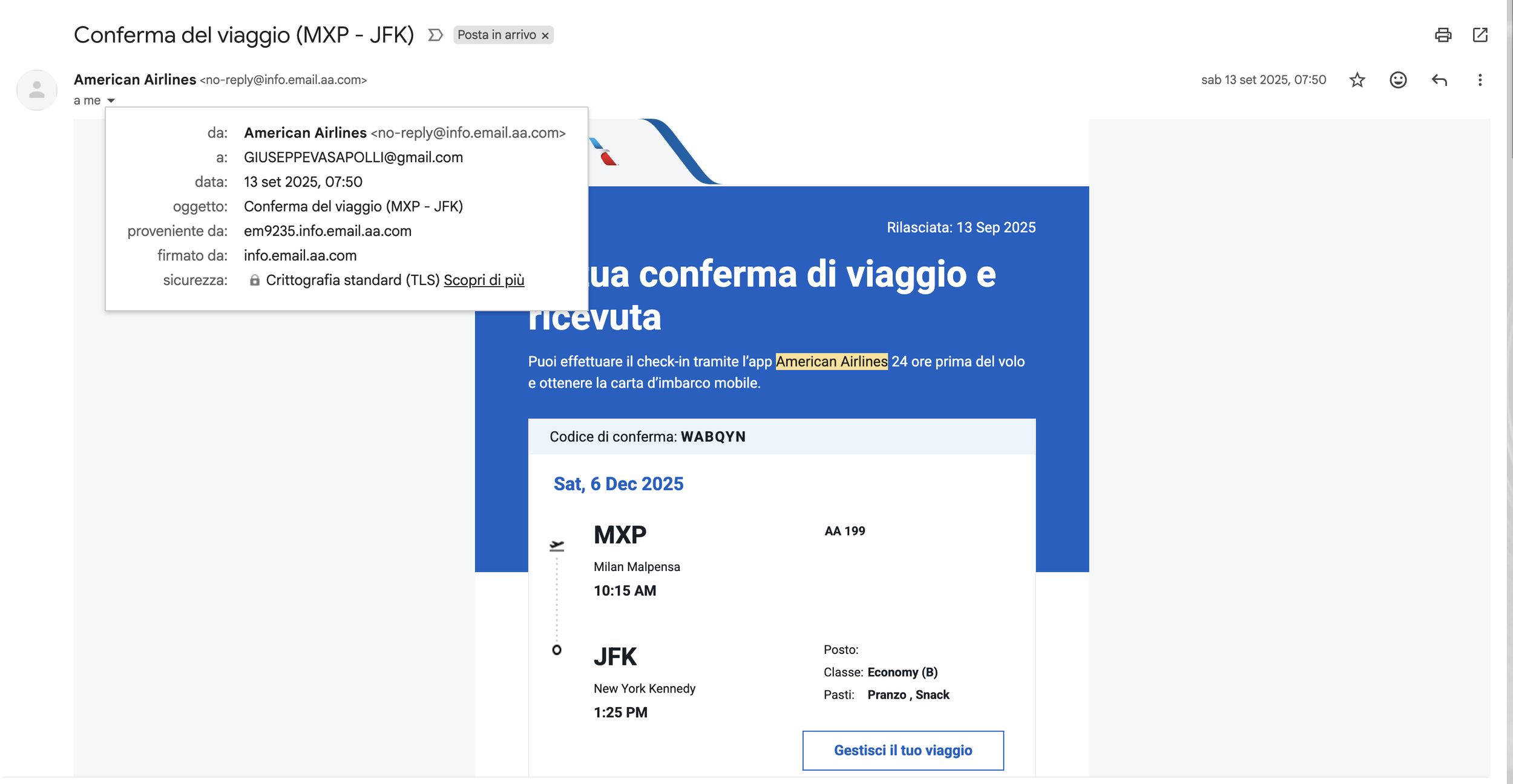 Conferma di viaggio via email con dettagli del volo tra MXP (Milano Malpensa) e JFK (New York Kennedy) il 6 dicembre 2025, inclusi orari di partenza e arrivo, classe economy, pasto e posti assegnati.