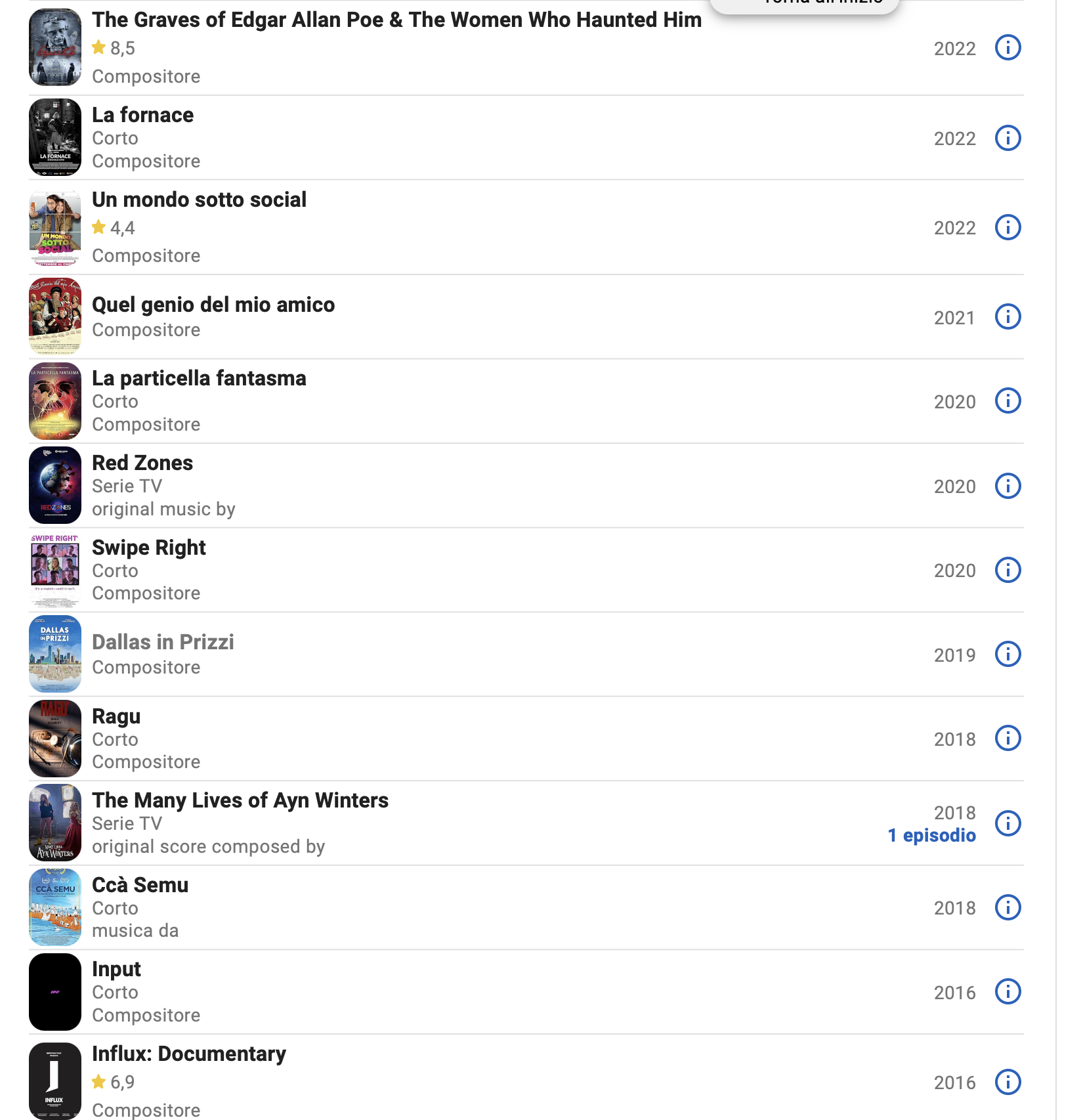 Immagine di una schermata di una lista di titoli di film e serie TV, con i rispettivi anni di uscita e valutazioni, visualizzata su un dispositivo digitale.