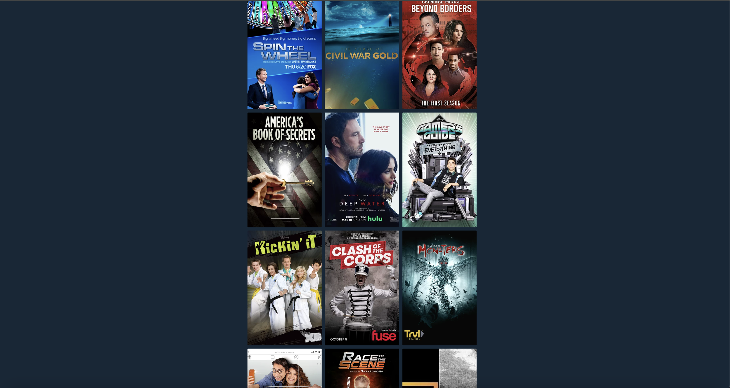 Poster di vari titoli di serie TV e film, tra cui 'Spin the Wheel', 'Civil War Gold', 'Beyond Borders', 'America's Book of Secrets', 'Deep Water', 'Gamer's Guide', 'Kickin' It', 'Clash of the Corps', 'Monsters', e altri, disposti in una griglia.