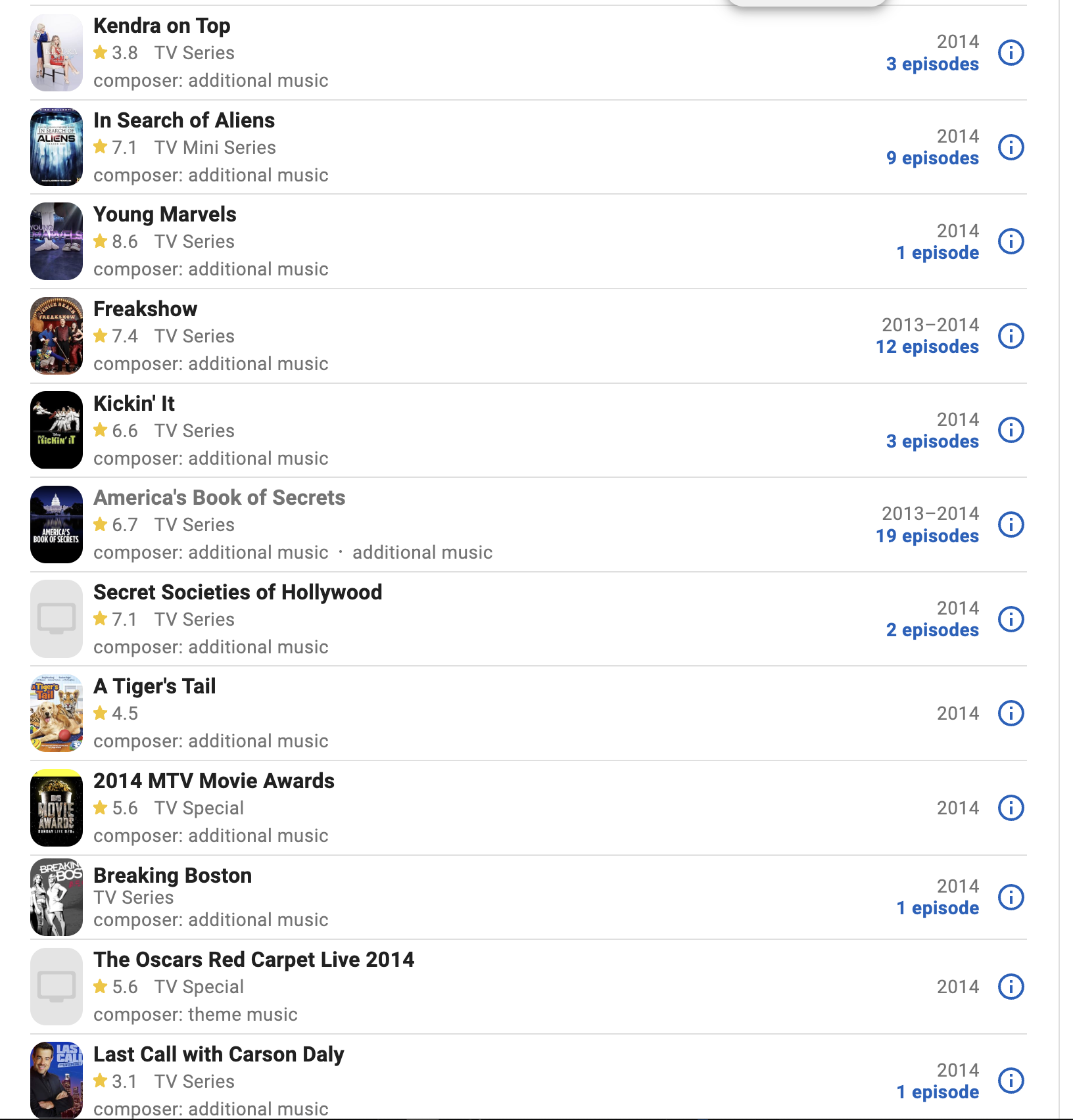 Schermata di una pagina di un'app o sito web con una lista di titoli di serie TV, film e premi, tra cui 'Kendra on Top', 'In Search of Aliens', 'Young Marvels', 'Freakshow', 'Kickin' It', 'America's Book of Secrets', 'Secret Societies of Hollywood', 