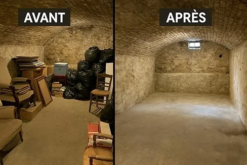 Salle souterraine before et après nettoyage, avec des murs en pierre et peu de meubles.