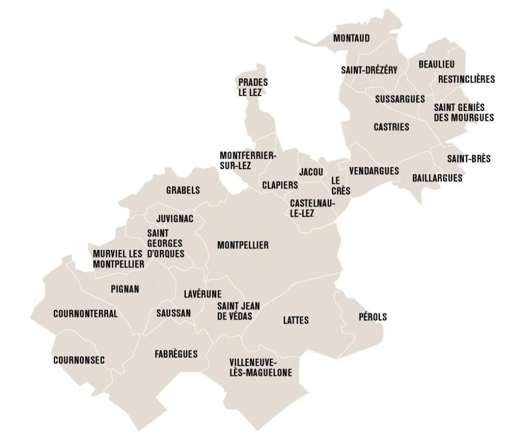 Carte de la région de Montpellier, en France, avec des noms de quartiers ou communes comme Juvignac, Saint Georges d'Orques, Pignan, Cournonsec, Saint Jean de Védas, Lattes, Pérols, Villeneuve-Lès-Maguelone, Fabrègues, Lavérune, Saussan, Cournonterral, Murviel Les Montpellier, Montferrier-sur-Lez, Grabels, Jacou, Castelnau-le-Lez, Le Crès, Vendargues, Saint-Brès, Baillargues, Saint Geniès Des Mourgues, Saint-Drezéry, Beauliu Restinclières, Montaud, Prades Le Lez, Saint-Gilles, Saint-Drézéry, Castries, Sussargues.