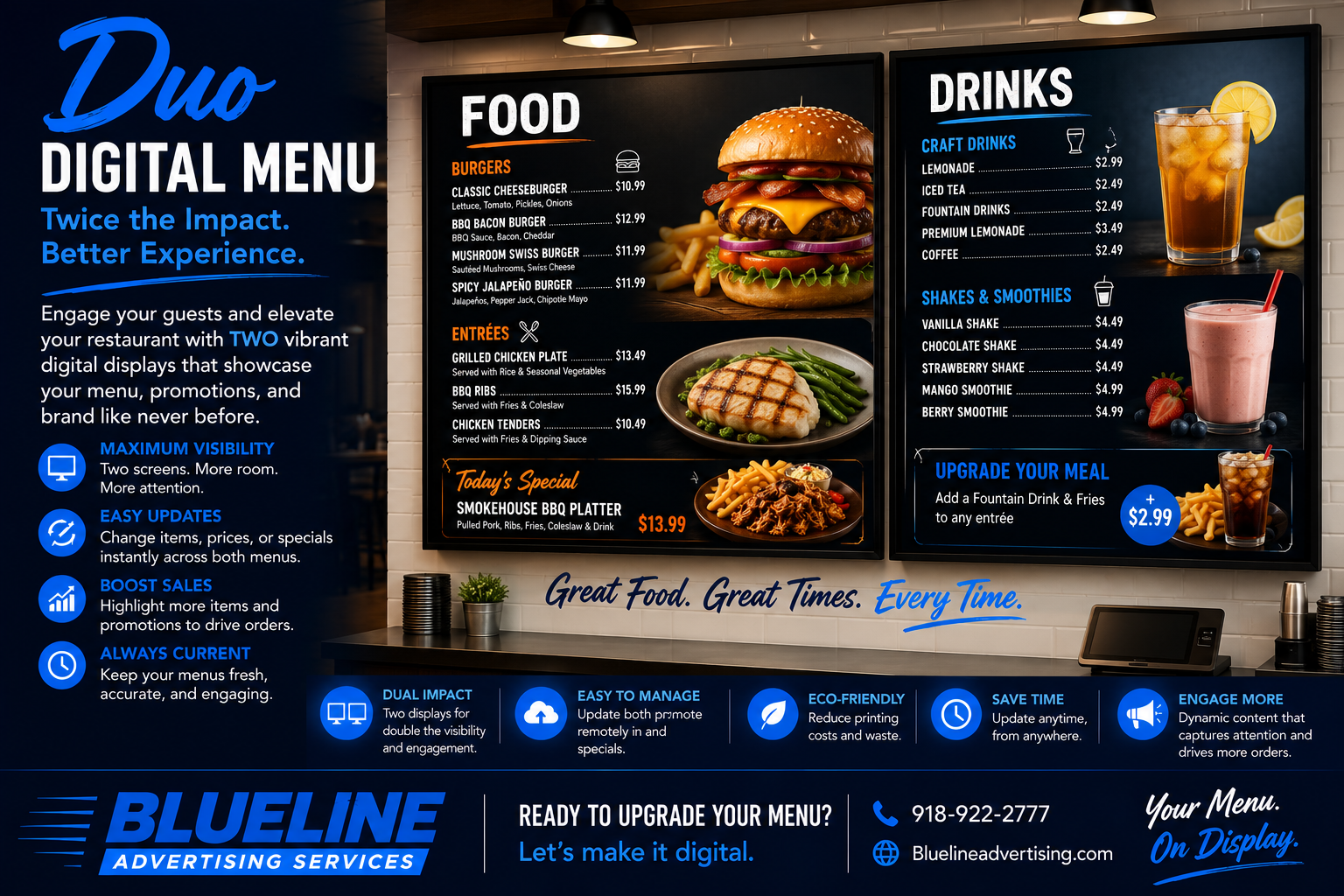 Digital restaurant menu board displaying food and drink options, including burgers, entrees, craft drinks, shakes, and smoothies.