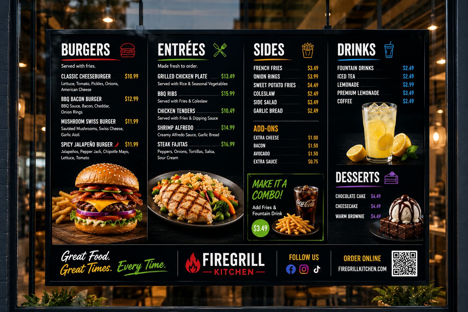 Restaurant menu board with sections for Burgers, Entrées, Sides, Drinks, and Desserts. Highlighted items include classic cheeseburger, BBQ bacon burger, strongly with prices, along with fried chicken and ribs under Entrées. Sides feature French fries and onion rings. Drinks include fountain drinks and lemonade. Desserts include chocolate cake and warm brownie. The board has images of a burger and a plate of grilled chicken with rice.