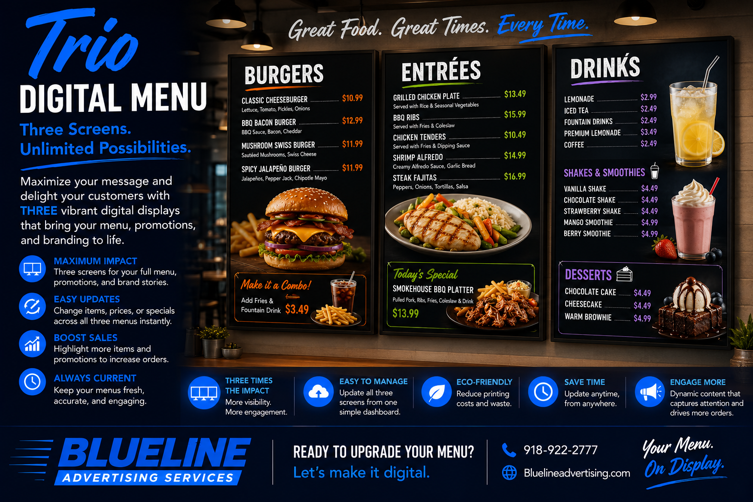 Digital menu board displaying food, drinks, shakes, smoothies, and desserts with prices, a hamburger, and a plated grilled chicken dish. Blue, black, and white text with promotional information for advertising services.