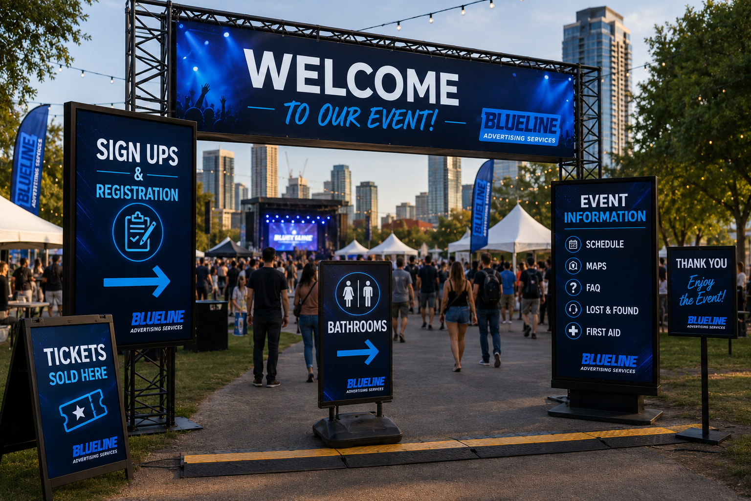 Outdoor event entrance with signs indicating registration, bathrooms, event schedule, maps, FAQ, lost and found, first aid, and ticket sales, with a stage and city skyline in the background.