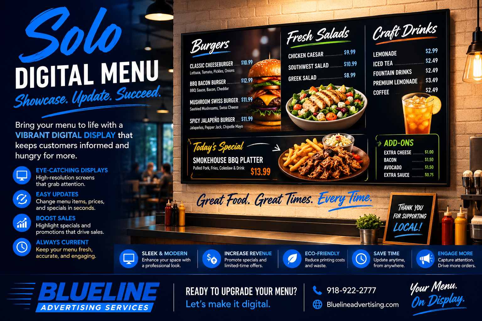 A restaurant digital menu display shows various burger, salad, and craft drink options, including a special BBQ platter, with prices and a photo of a salad and a dish of BBQ ribs.