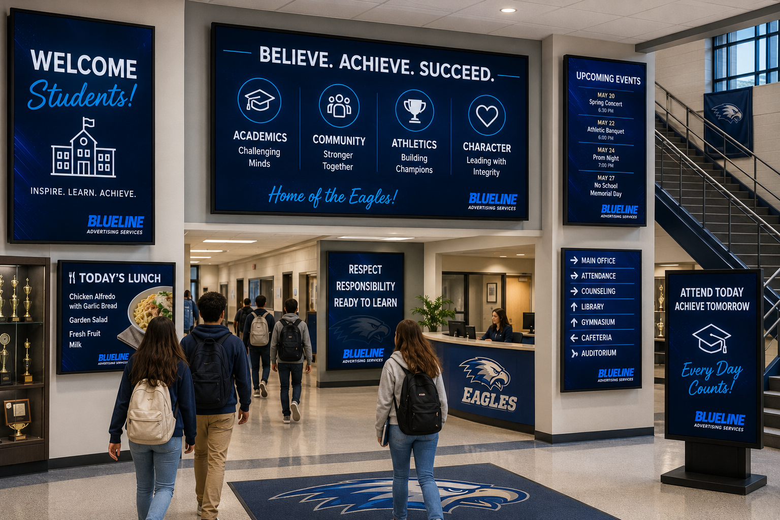 Students walking through a school lobby with digital signs displaying welcoming messages, upcoming events, lunch menu, and school values. The area features a reception desk with a school mascot and blue eagle logo, and digital signage highlighting school achievements and activities.