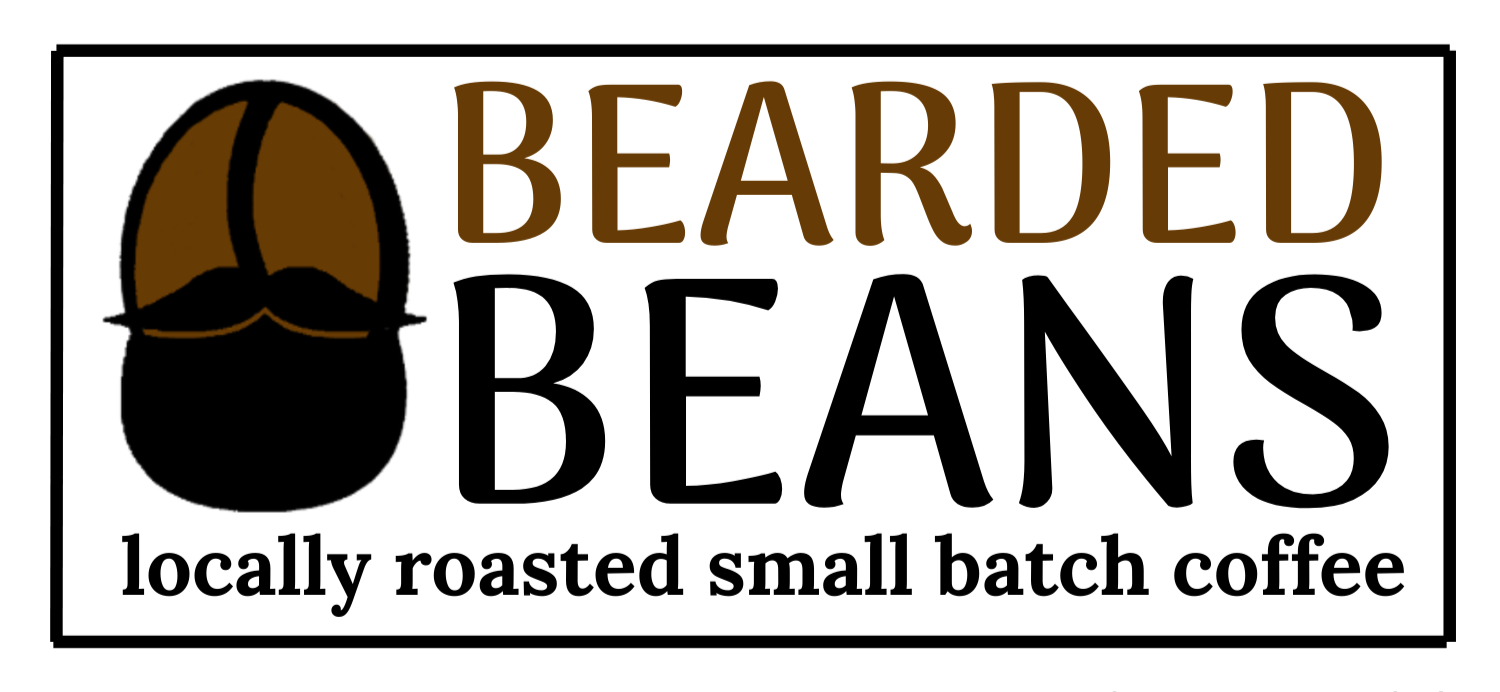 Logo for Bearded Beans featuring a stylized bearded face with brown hair, accompanied by the text "Bearded Beans" and the tagline "locally roasted small batch coffee".