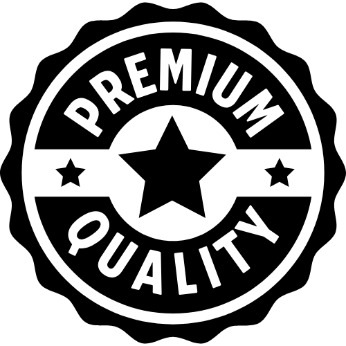 Black and white badge with a star in the center, surrounded by the words 'Premium Quality' and two smaller stars.