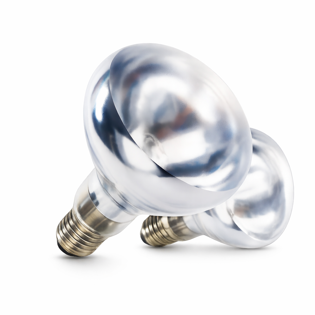 Two incandescent light bulbs with metallic silver bases and clear glass bulbs, positioned on a white background.