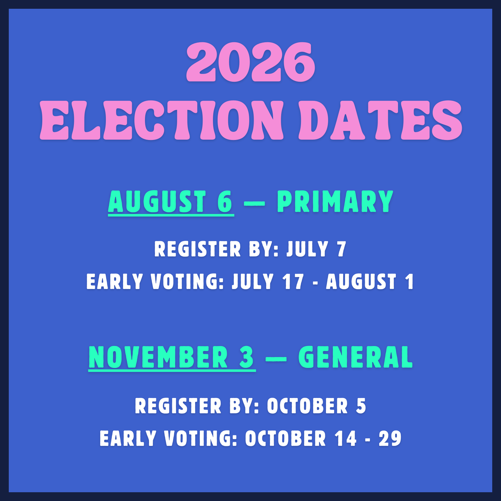 Graphic showing the 2026 election dates for TN State House of August 6 (primary) and November 3 (general)
