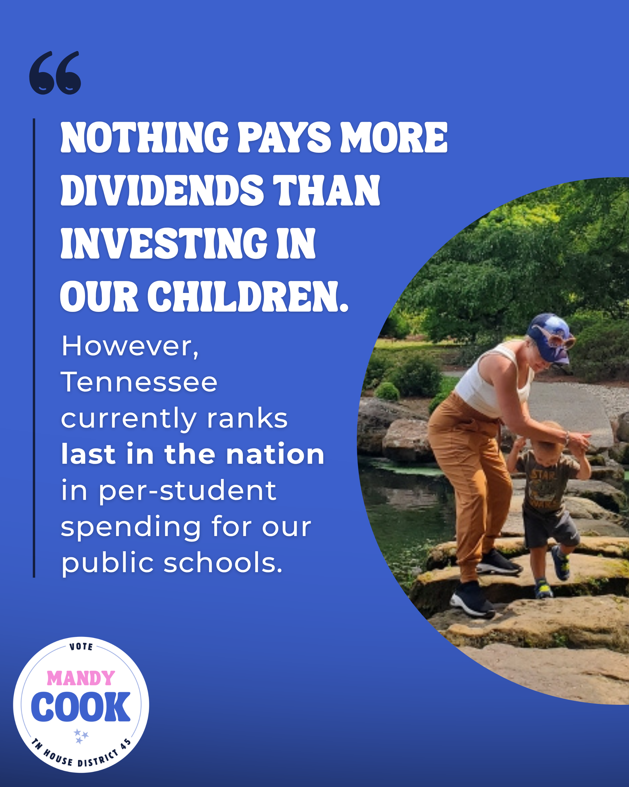 Graphic showing quote from Mandy about how TN ranks last in per-student spending for public schools