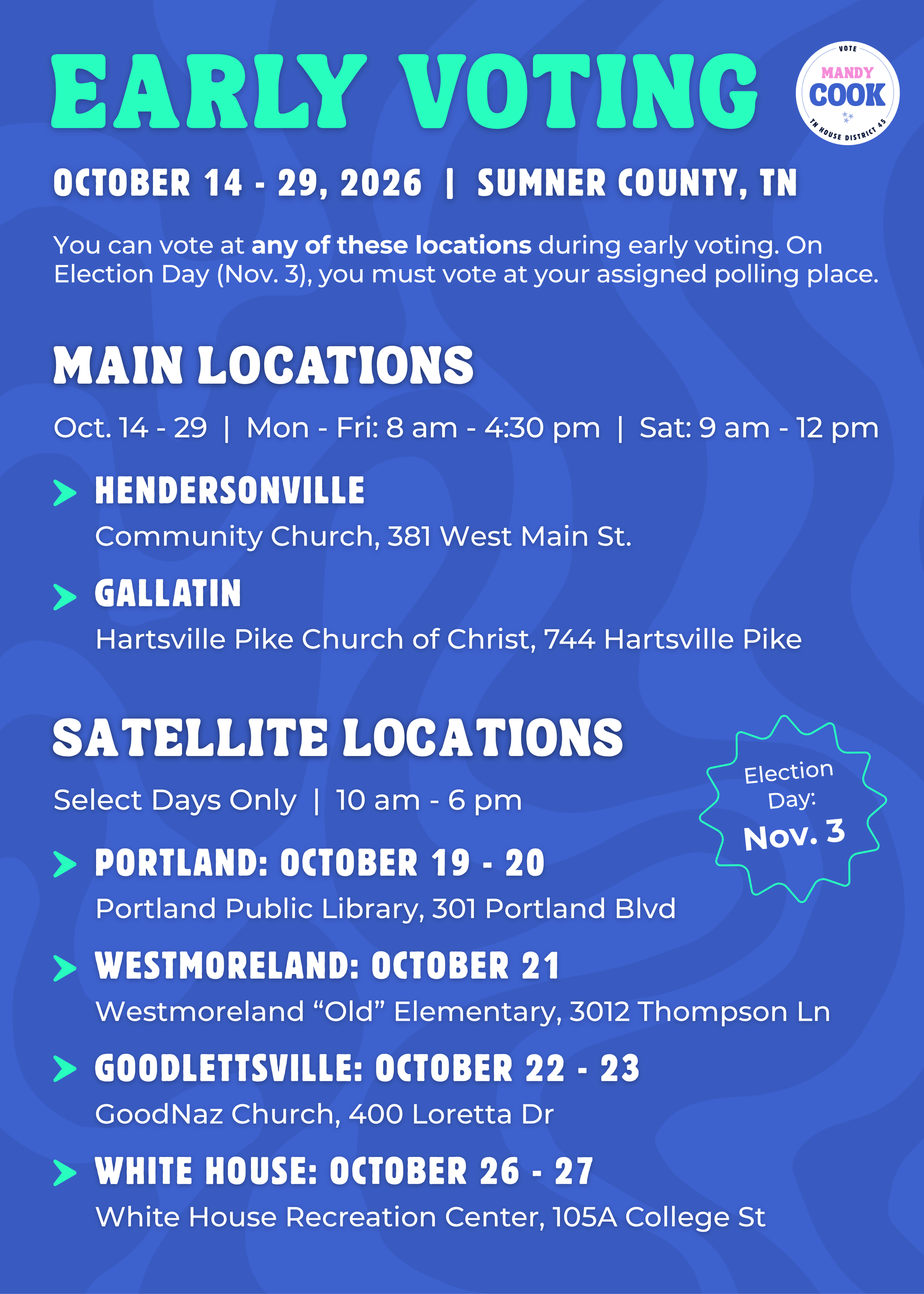 Early voting calendar for Sumner County, TN