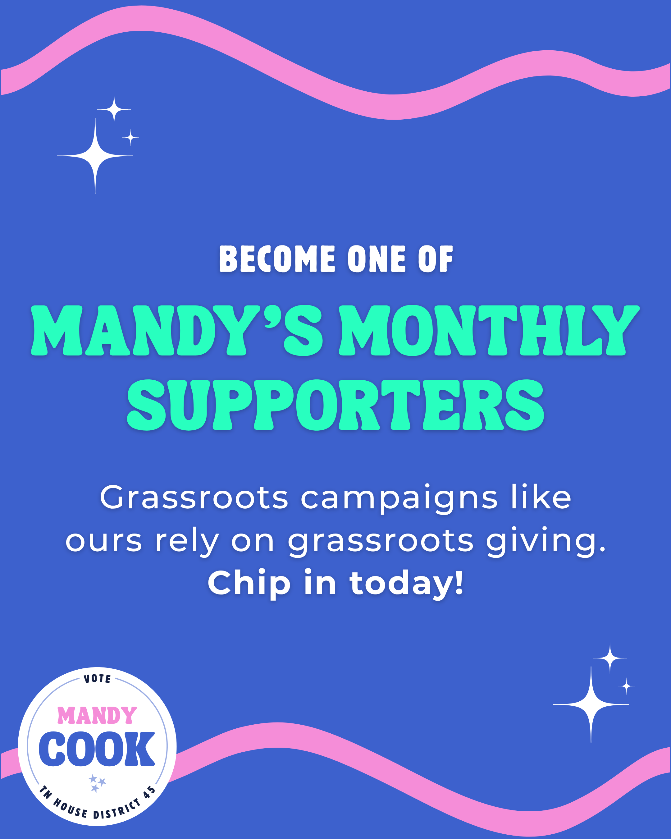 Graphic that says "Become one of Mandy's Monthly Supporters" and emphasizes the importance of grassroots donations.