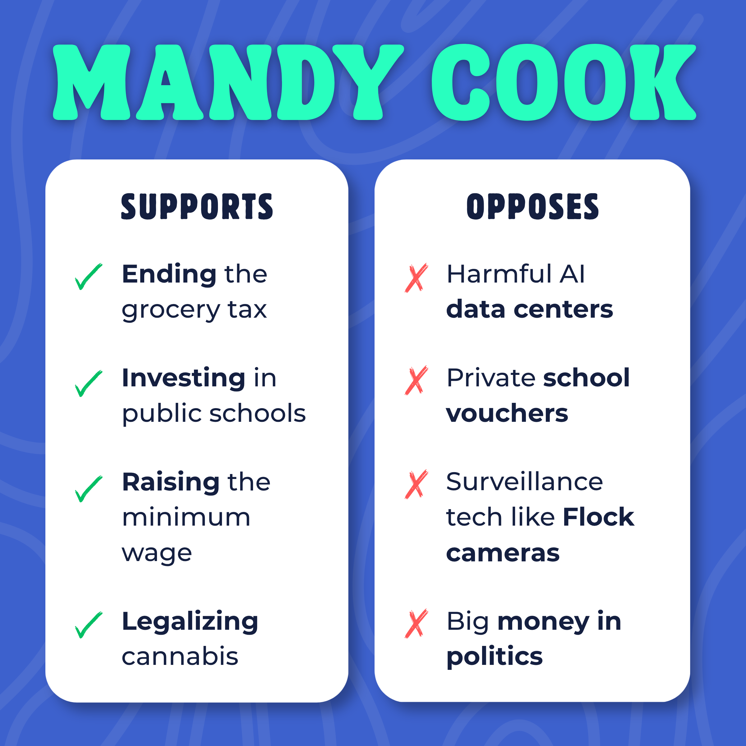 Mandy's stances on key issues