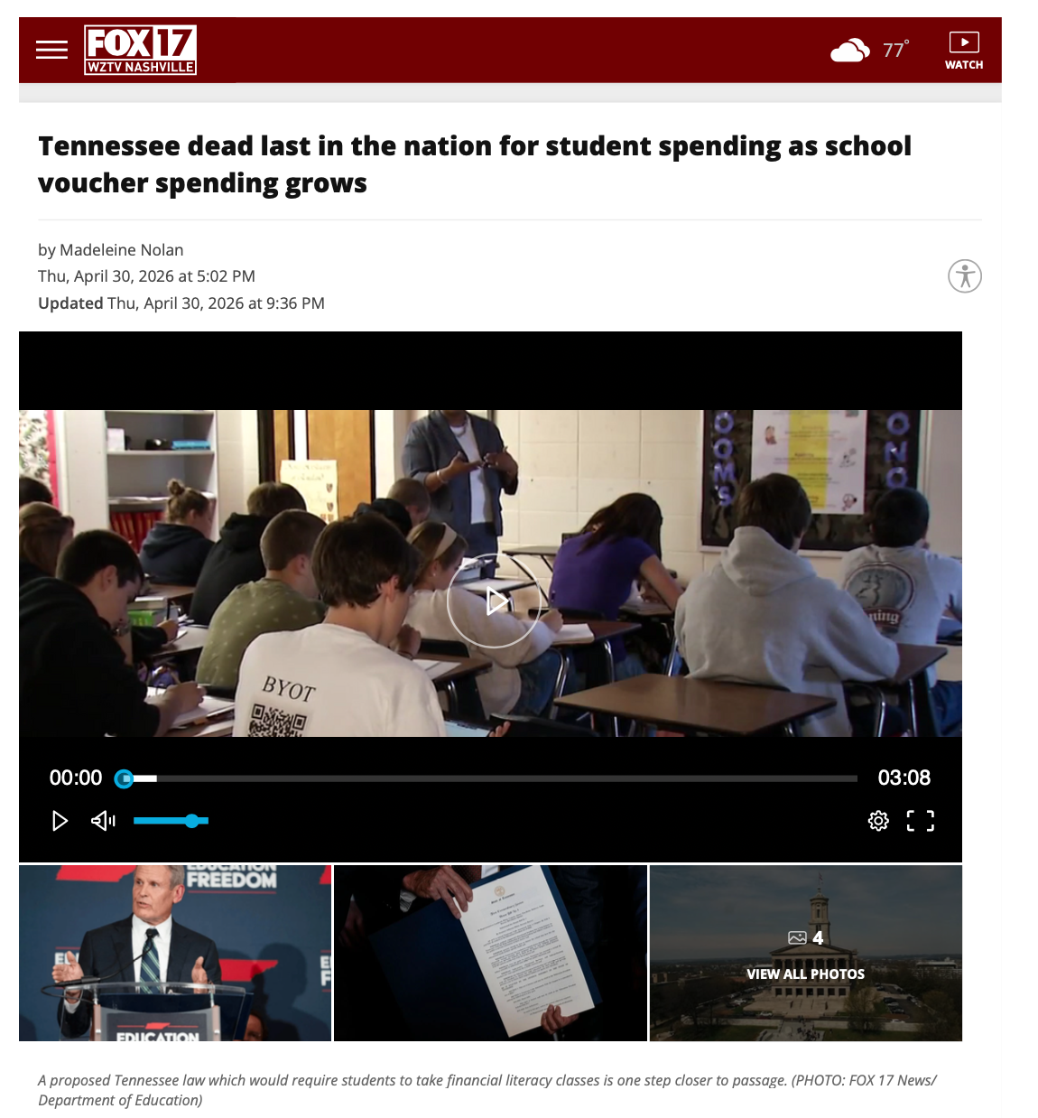 News article from Fox 17 Nashville stating that Tennessee is dead last in the nation for student spending while voucher spending grows