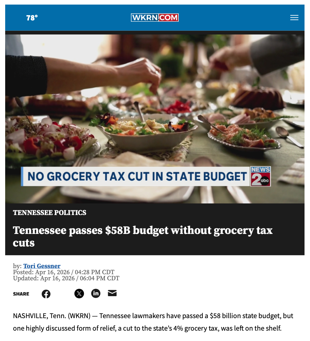 News article from WKRN stating that TN passed its budget without a grocery tax cut