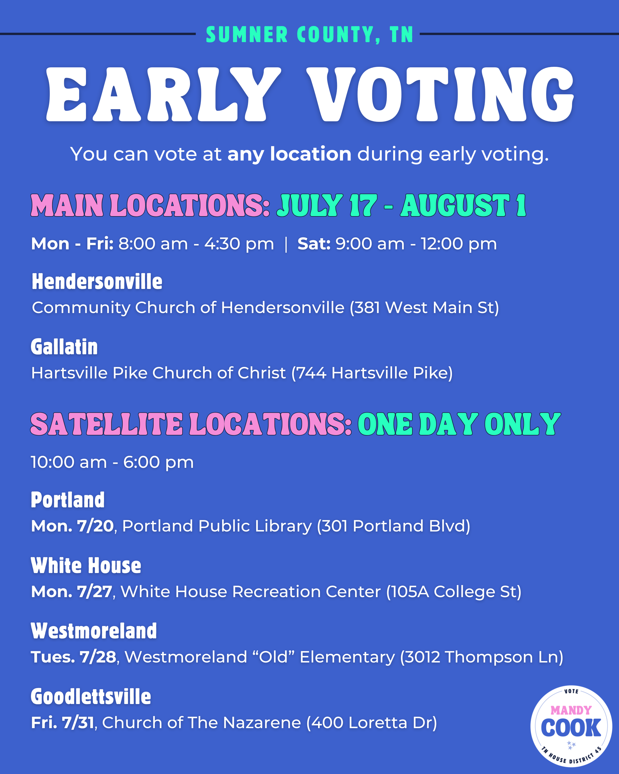 Early voting schedule for the August 2026 election in Sumner County, TN