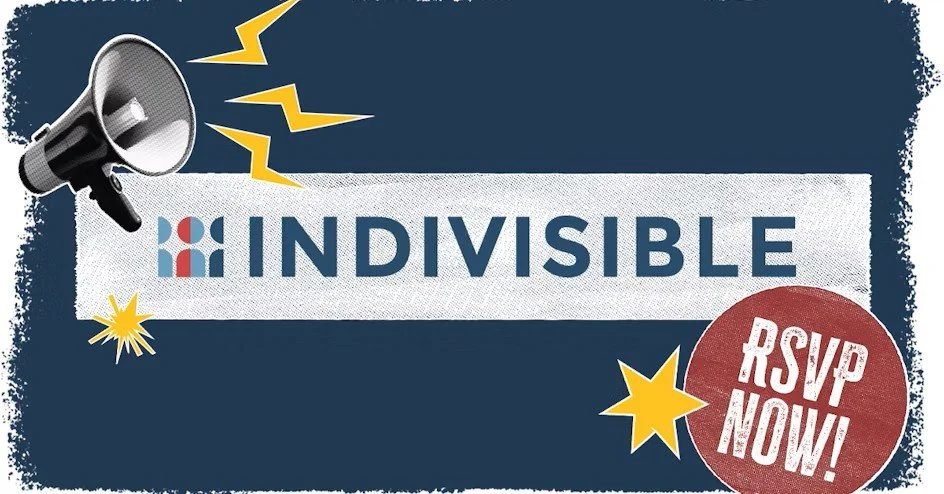 Graphic with a megaphone, stars, and a banner that reads 'Indivisible' with a logo, and a circle saying 'RSVP Now!' for an event.