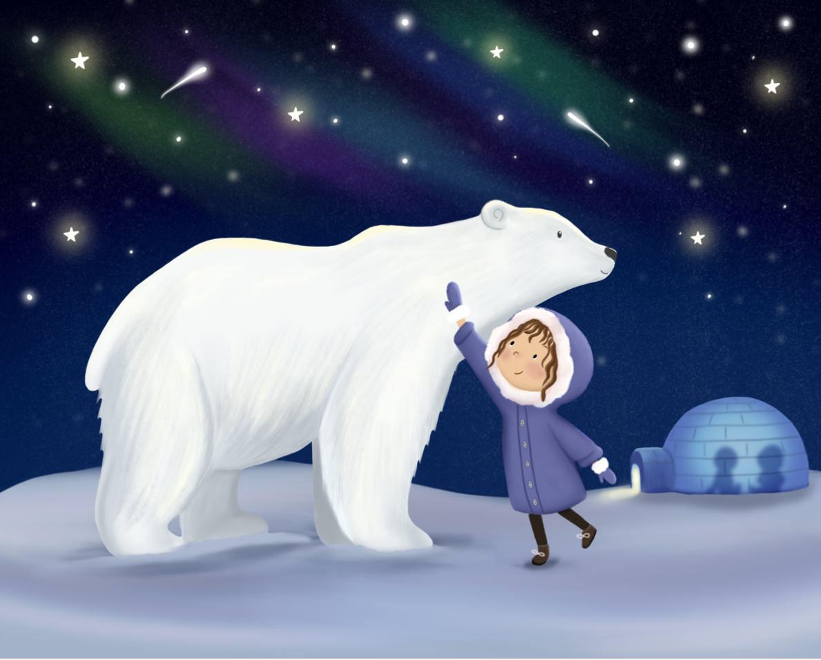 A girl in a purple coat and hat touching the nose of a large white polar bear in an icy landscape under the Northern Lights and starry sky, with an igloo in the background.