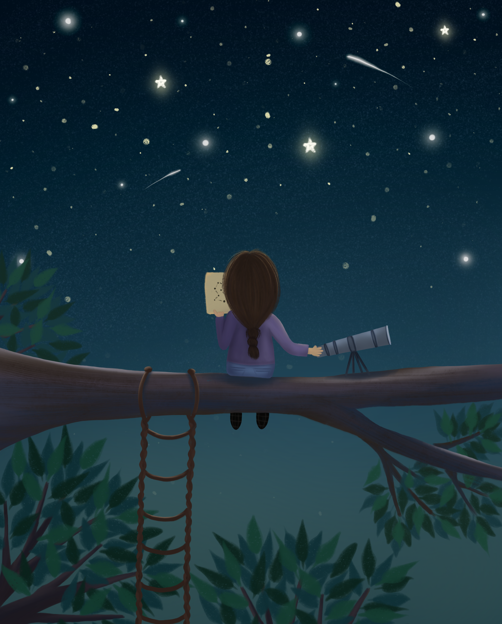 A girl with brown hair, sitting on a tree branch at night, looking through a telescope at the starry sky with shooting stars and constellations, holding a piece of paper.
