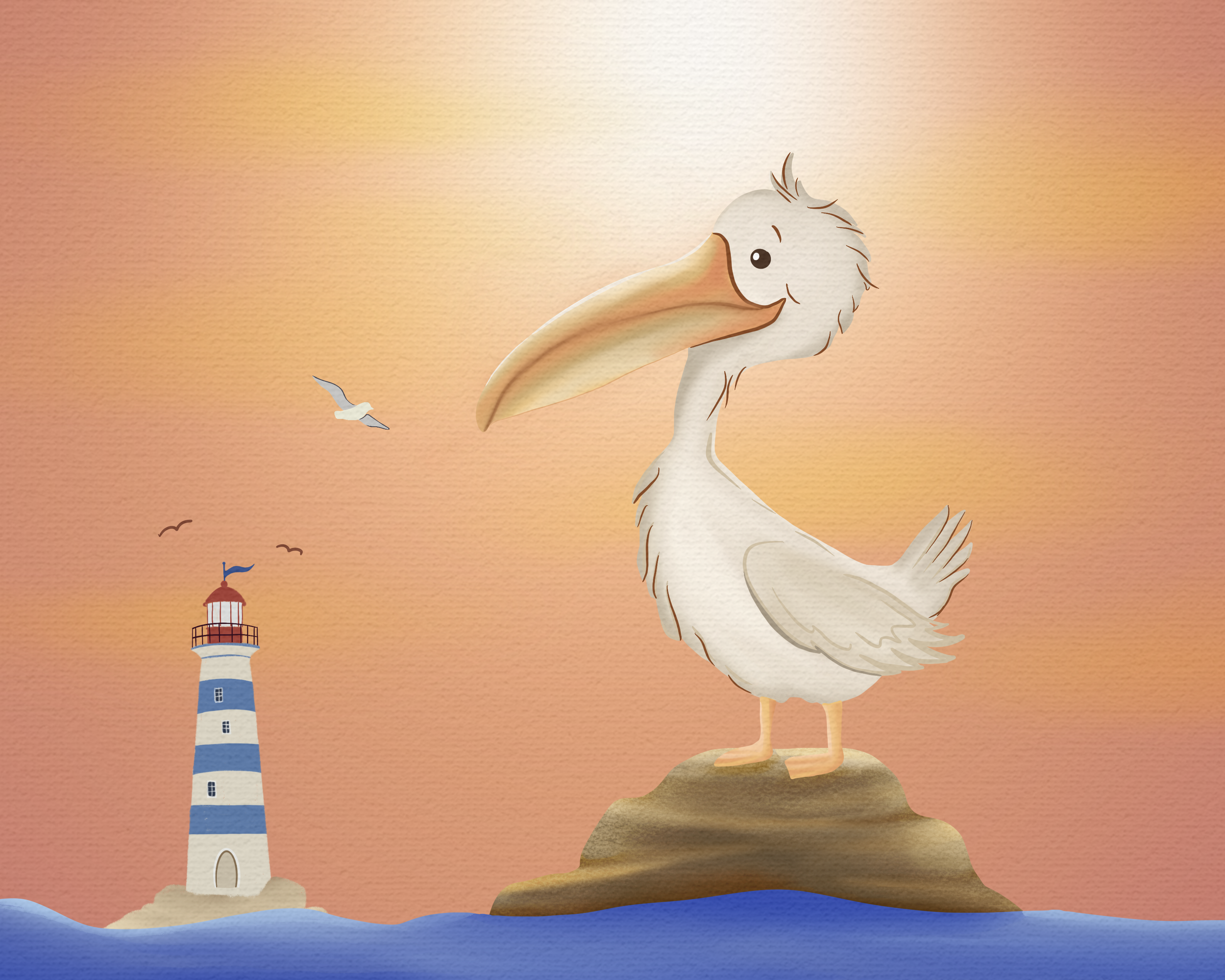 A cartoon-style stork with a large beak standing on a small rock near water, with a lighthouse and seagulls in the background during sunset.