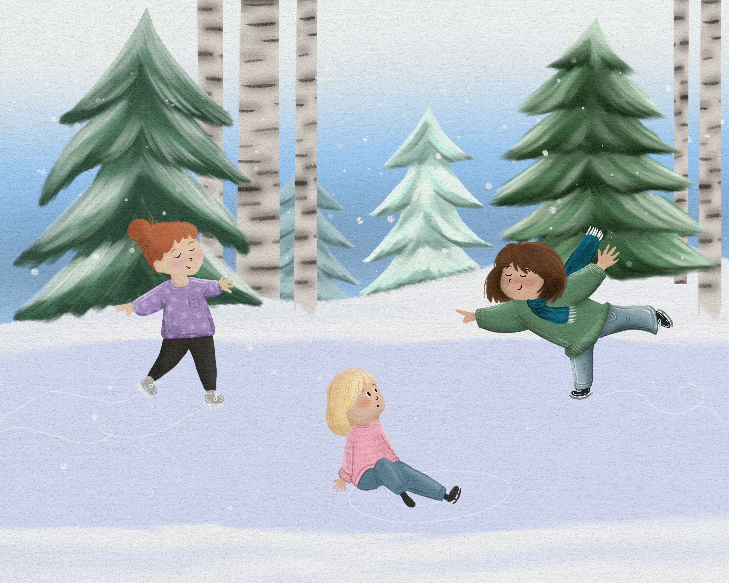Three children playing in a snowy forest with evergreen and birch trees, one girl in a purple sweater ice skating, another girl in a green jacket doing a figure skating pose, and a girl in a pink sweater sitting on the snow.