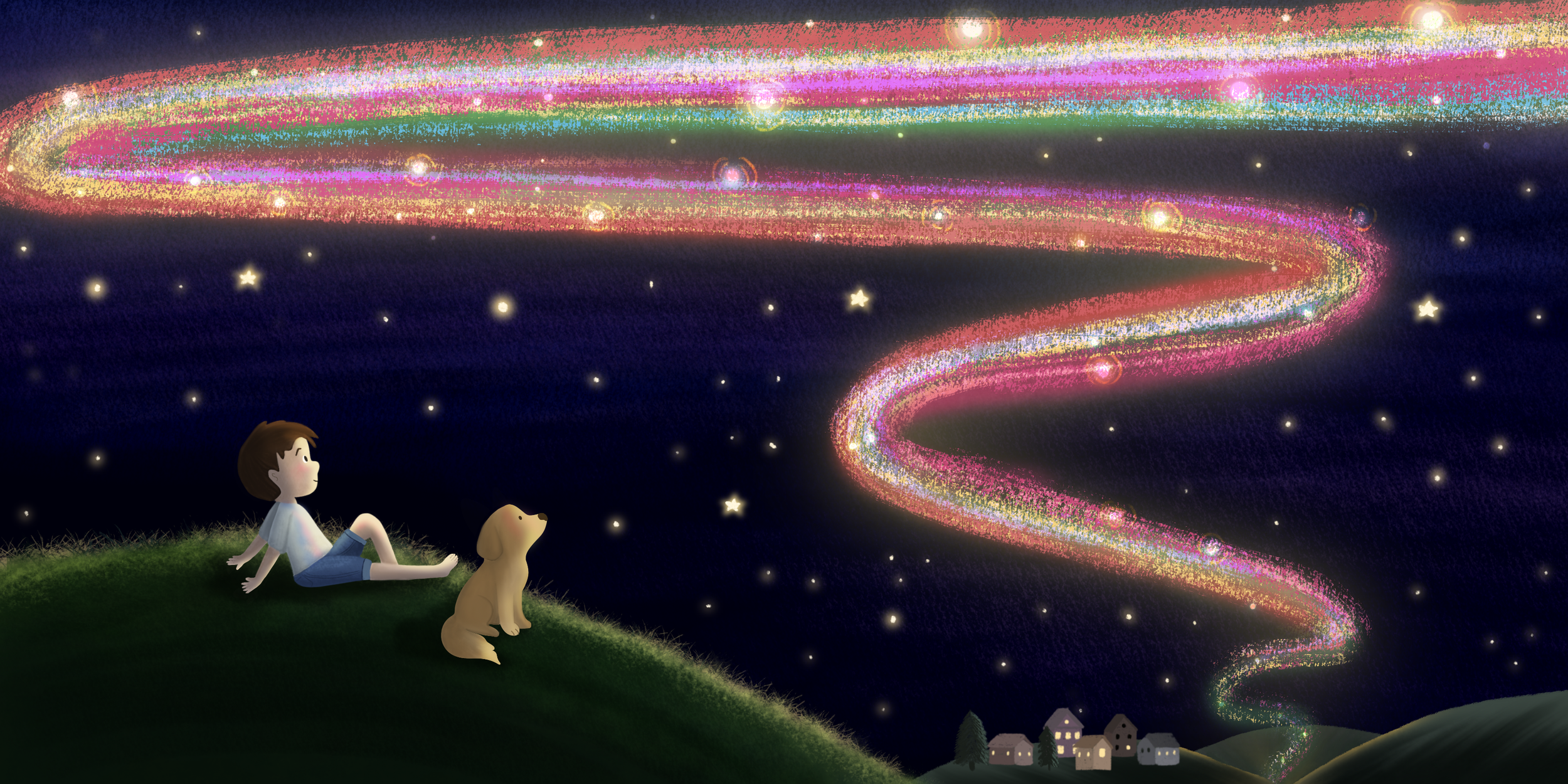 A young boy and a dog sitting on a grassy hill at night, gazing at a colorful, sparkly trail in the sky resembling a shooting star or comet, with stars and small houses in the background.