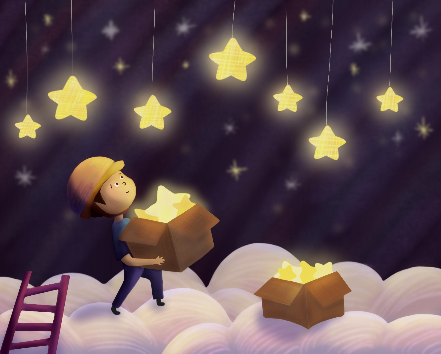 A girl holding a box with glowing stars in it, standing on clouds with more stars in boxes beside her, under hanging star-shaped lights in a dreamy night sky.