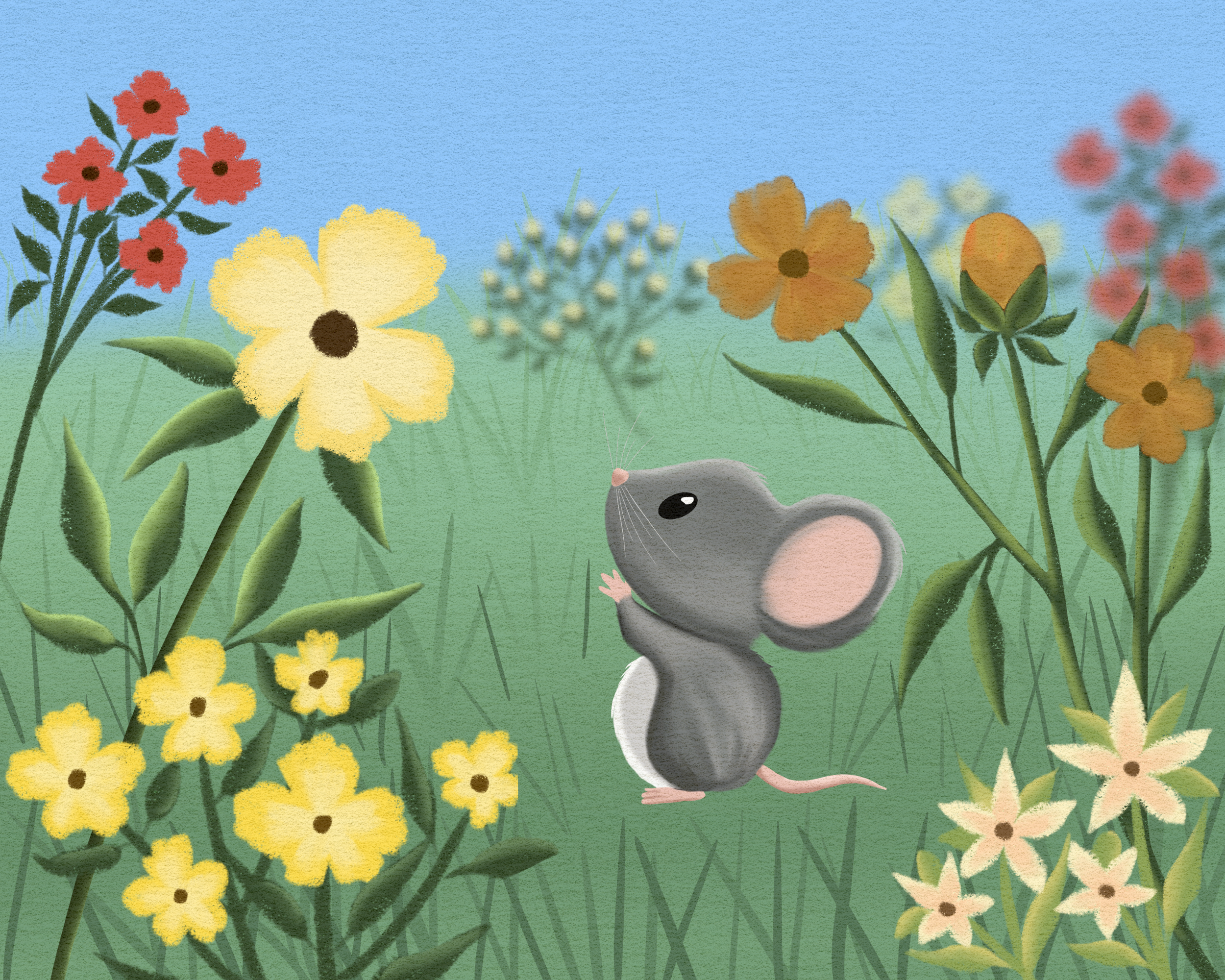 A cartoon illustration of a gray mouse with pink ears and tail among colorful flowers on a green field with a blue sky background.