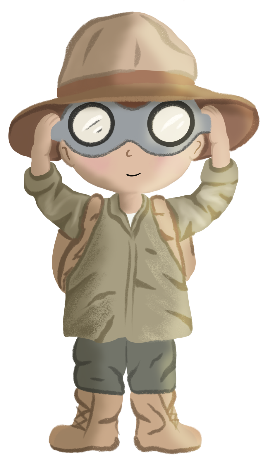 A young boy standing outdoors, wearing a wide-brimmed hat, binoculars, a beige jacket, shorts, lace-up boots, and carrying a backpack, appearing to explore or observe nature.