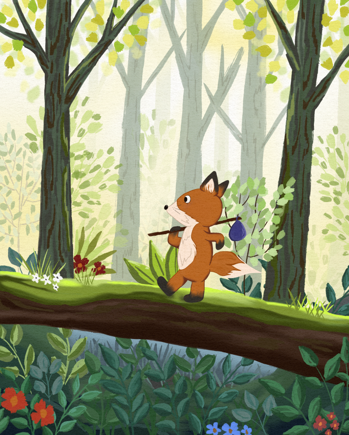 A cartoon fox walking on a forest branch with a stick and a small pouch balanced on its shoulder, surrounded by trees and colorful flowers.