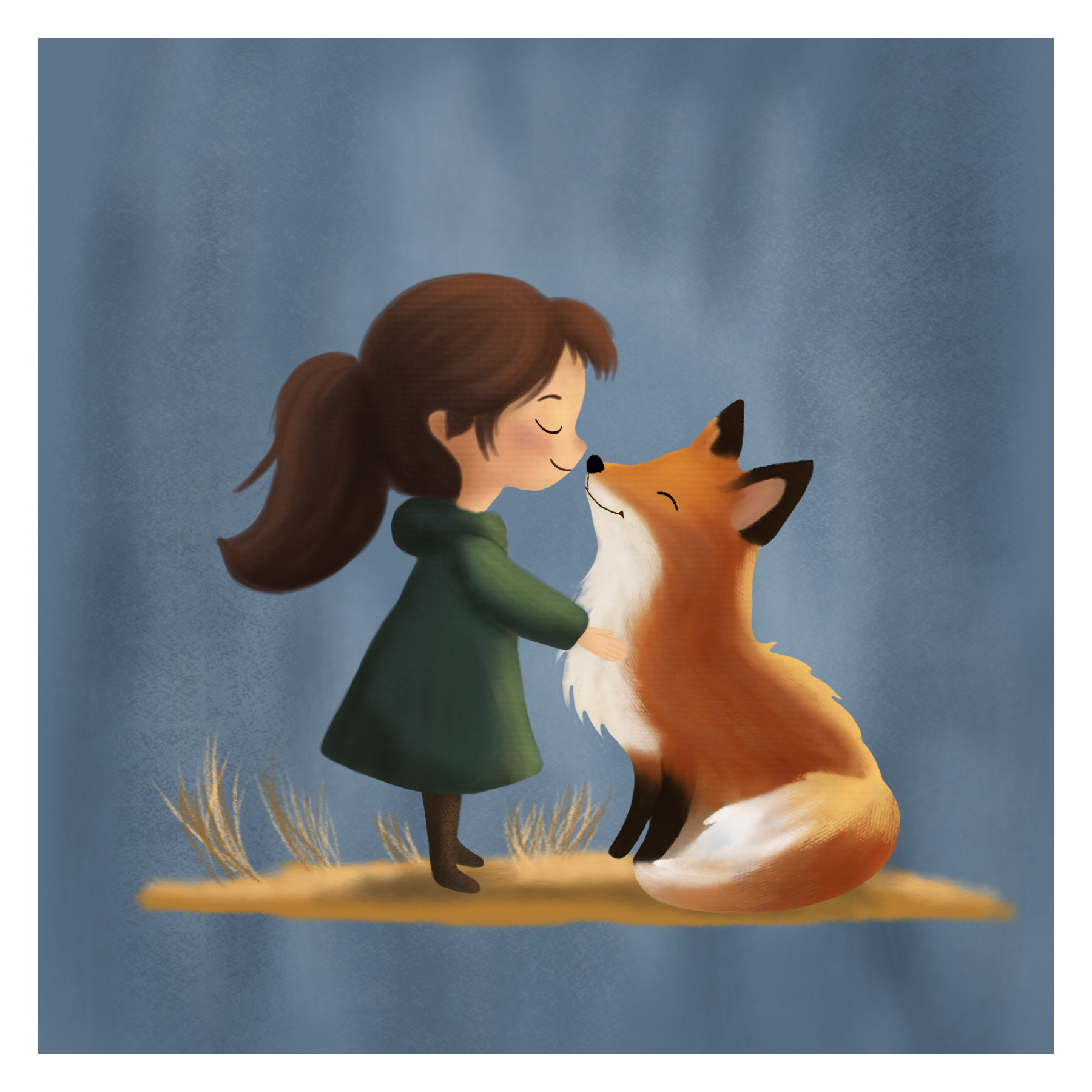 A girl with brown hair in a ponytail wearing a green dress, embracing a Sitting fox with a blue background.