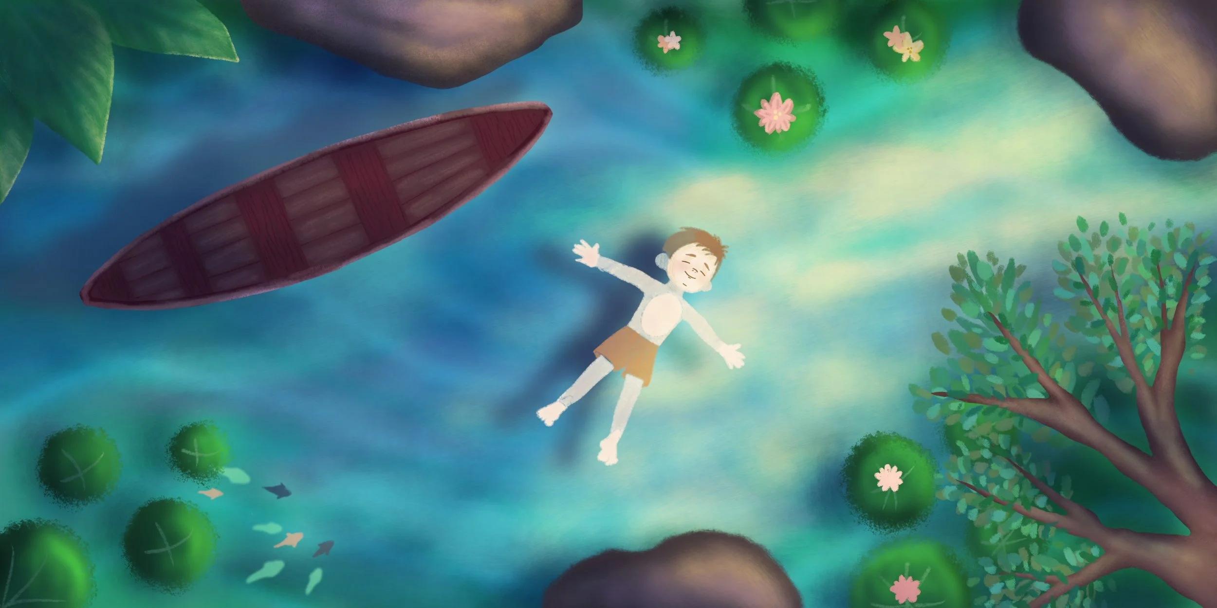 A cartoon girl swimming in a colorful pond with a wooden boat, green trees, pink flowers, and small fish swimming below.
