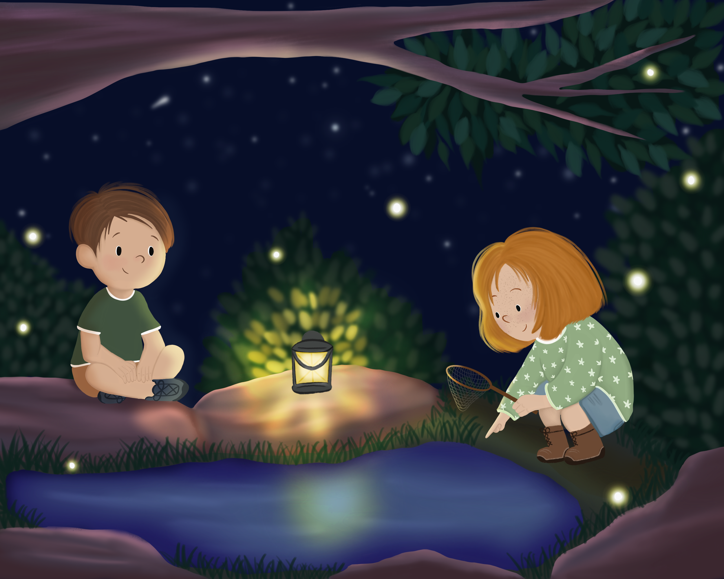 A boy and girl sitting by a lantern near a pond in a forest at night, with fireflies, trees, and stars in the sky.