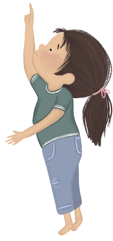 A cartoon girl with brown hair in a ponytail wearing a teal shirt and ripped jeans, raising her right arm with her index finger pointing upwards.