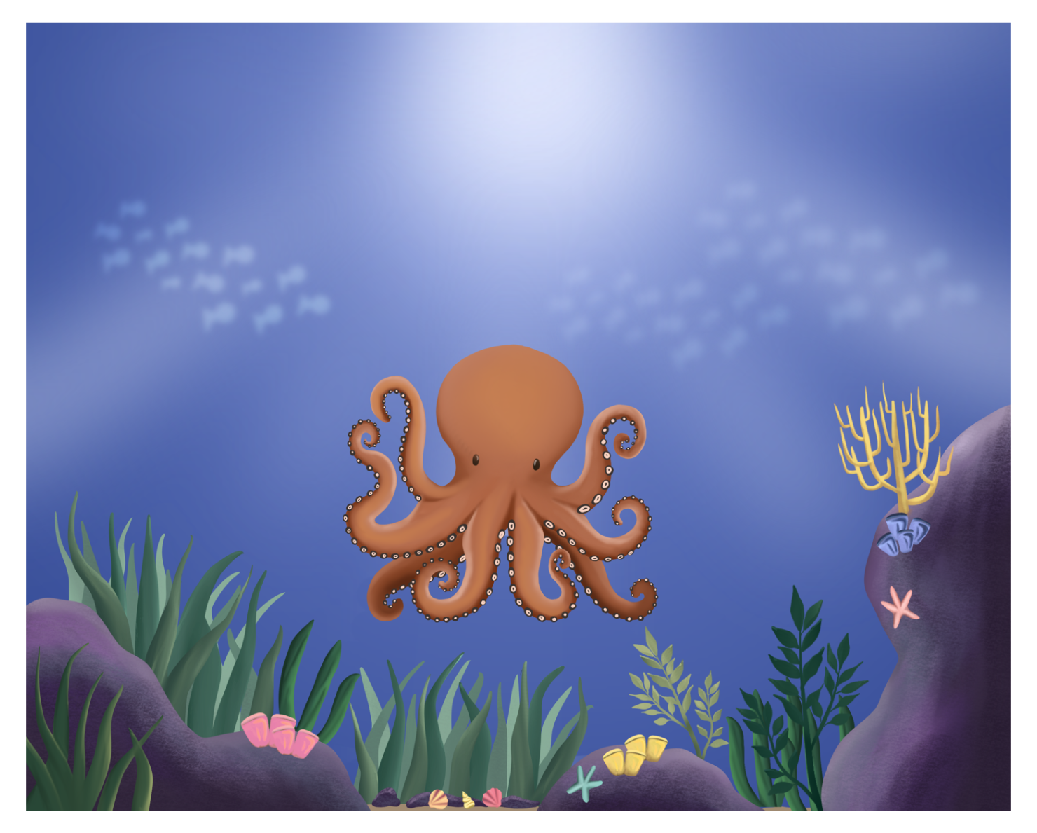 Animated underwater scene featuring an orange octopus with black eyes in the center, surrounded by green seaweed, pink and yellow coral, and various small sea creatures on purple rocks. The background is blue with a bright light and faint fish silhou