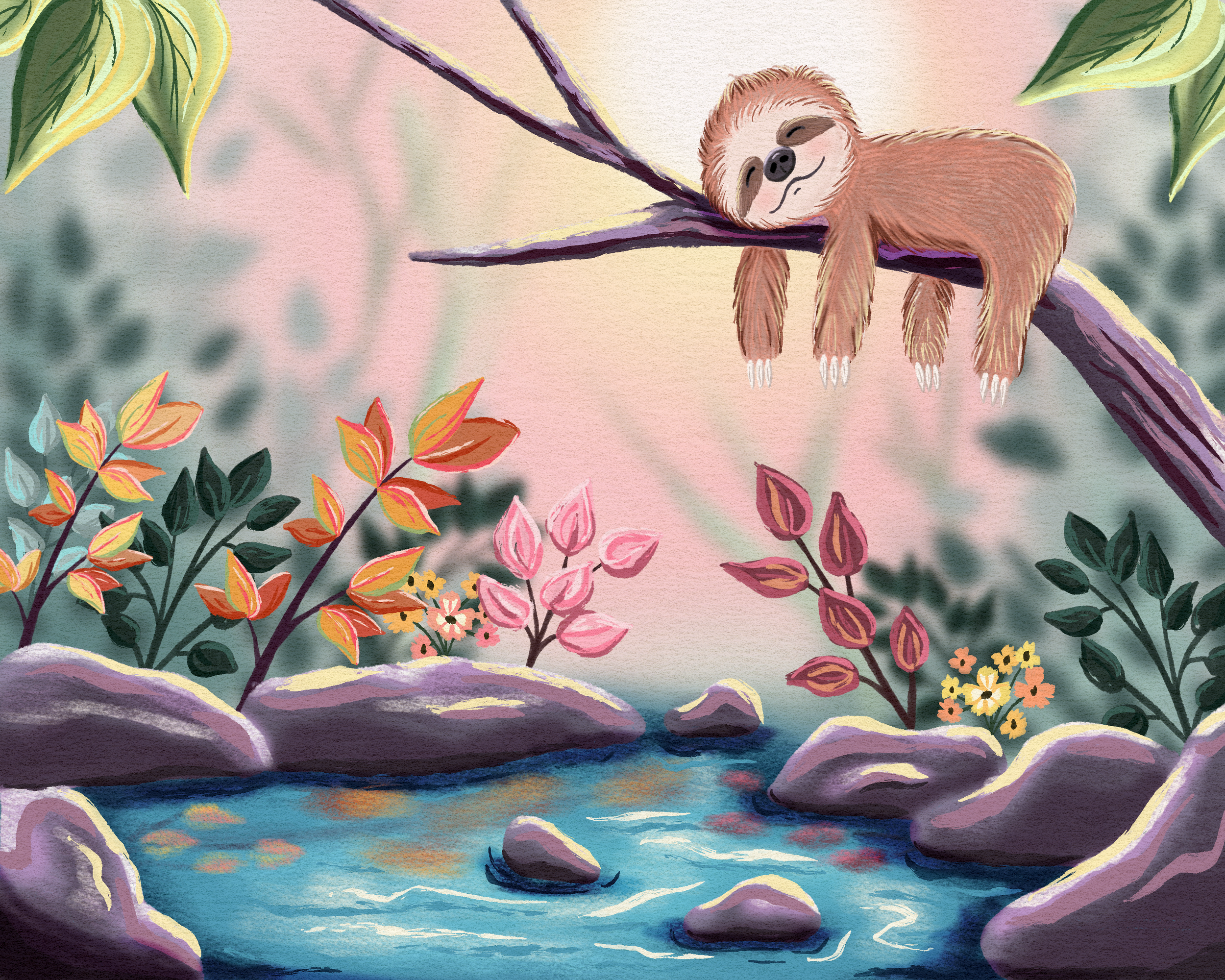 A cute illustration of a sloth sleeping on a tree branch above a flowing stream surrounded by colorful plants and flowers.