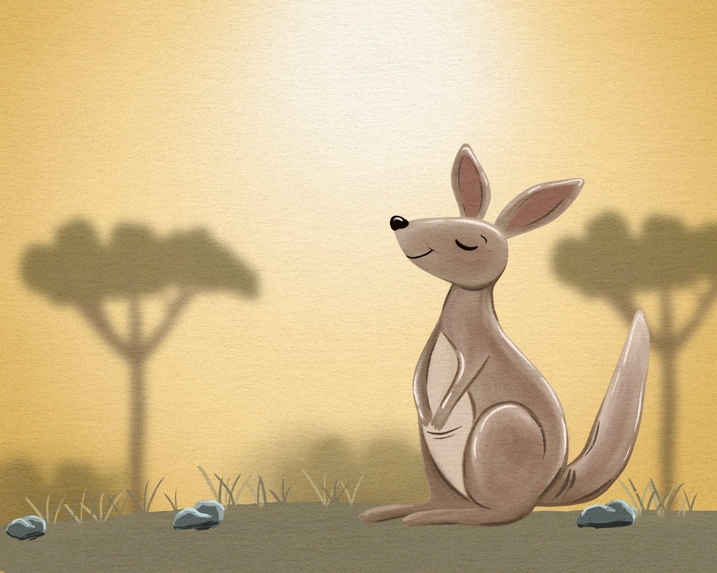 A cartoon kangaroo sitting with closed eyes and a peaceful smile, surrounded by small rocks and grass, with trees' shadows on a yellow sky background.