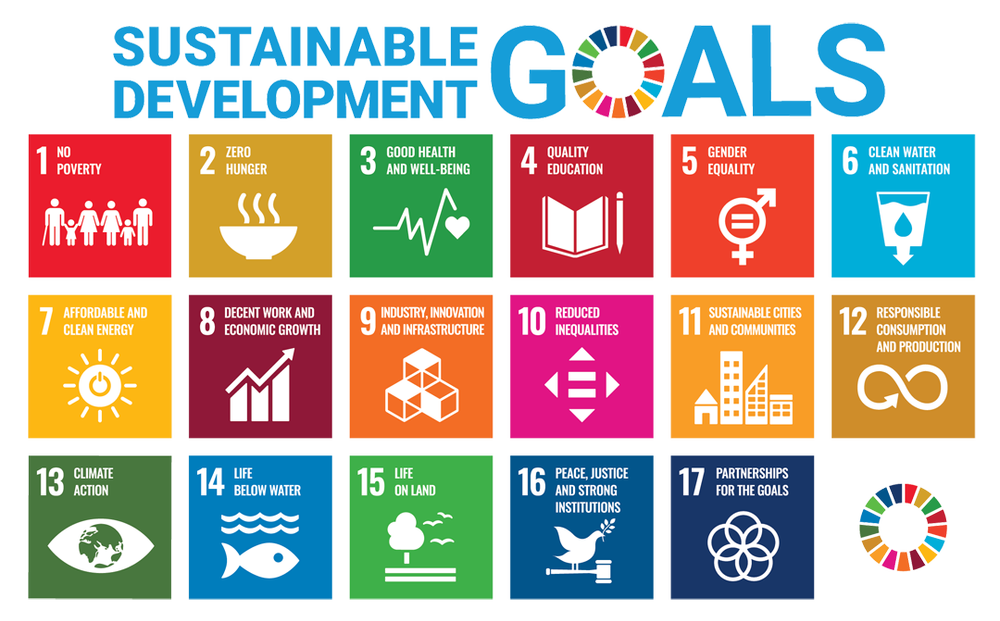 A graphic design of the 17 sustainable development goal icons