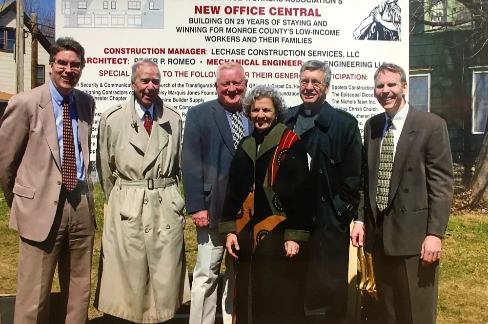 Key ESWA building project supporters (left to right): John Harris, George Harris, Roger Gardner, Annette Weld, Rev. Jeff Hedin, Advisory Committee President Mark Horn.